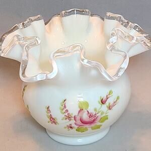 Vintage Fenton White Floral Milk Glass Vase Artist Signed Hand Painted Art Glass